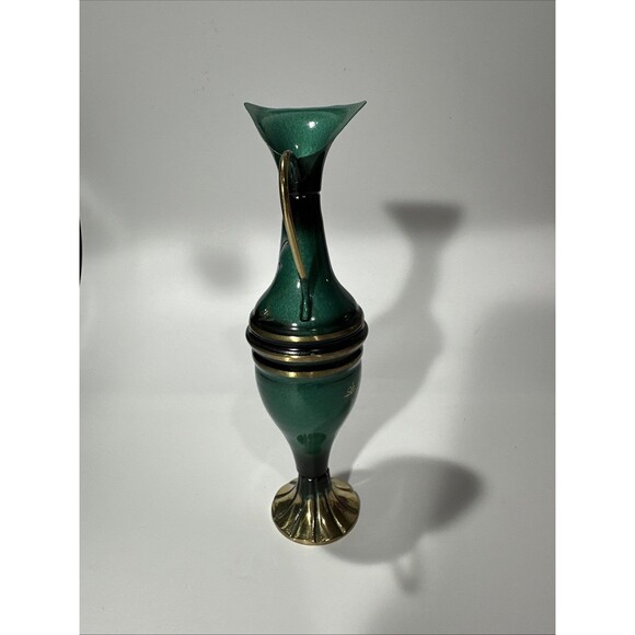Vintage Green Brass & Enamel Ewer Pitcher – Hand Painted – Israel 6.5” - Picture 2 of 7